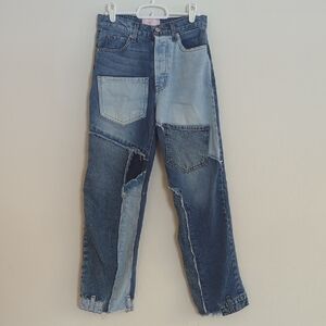REVICE High Rise Blue Denim Patchwork Button Fly Unique Jeans - Size 24